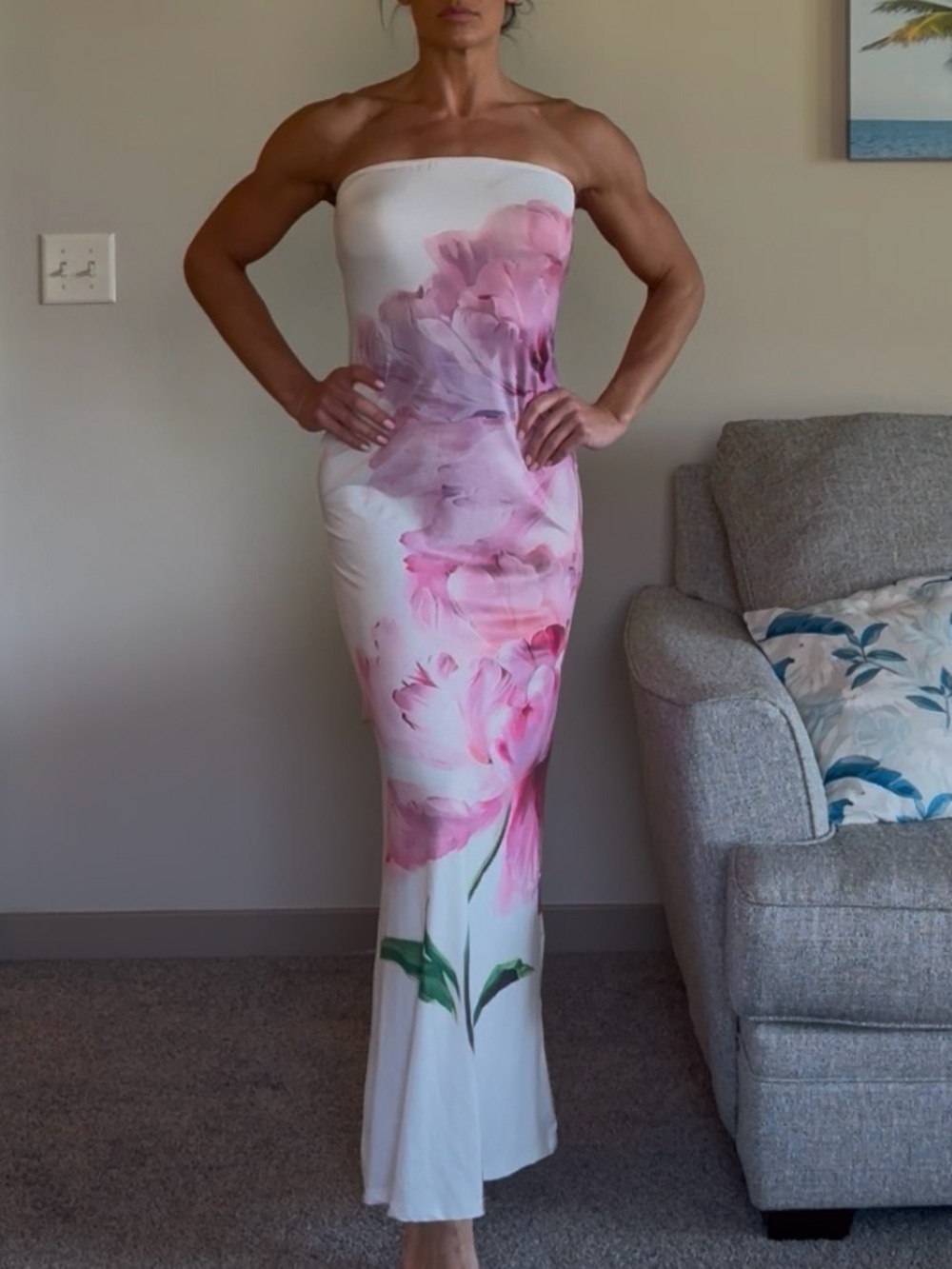 Strapless White Floral Maxi Dress - Pink Bloom